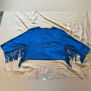 Zara Blue Fringe Faux Suede Cropped Shirt - Medium